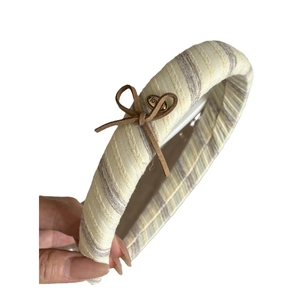 Striped wide fabric headband with velvet bow and heart-shaped metal love charm