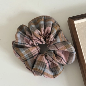 Vintage plaid pattern scrunchie hair tie in soft pink and brown tweed fabric for women