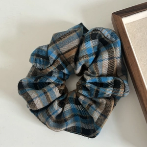British style plaid scrunchie hair tie with blue and brown checkered pattern