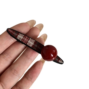 Elegant red plaid tweed hair clip with large glossy pearl bead for stylish women