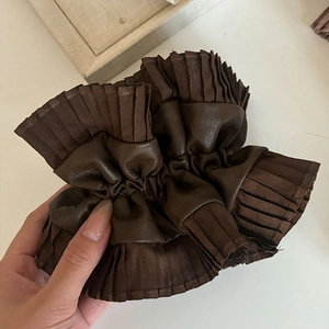 Dark brown leather and lace ruffled oversized scrunchie for elegant high ponytail styling