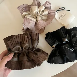 Ballet Style Faux Leather Pleated Scrunchie Handmade Spliced Hair Tie For Women High Ponytail Elastic Hair Band Accessory