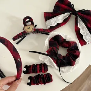 British Style Red Black Plaid Hair Accessories Set Tartan Fabric Scrunchie Hair Clip Bow Lace Headband For Women Headwear
