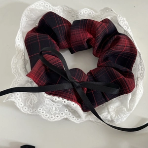 British style red plaid scrunchie with white lace trim and black satin ribbon bow