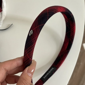 British style red plaid headband with a metal Love charm and handmade fabric finish