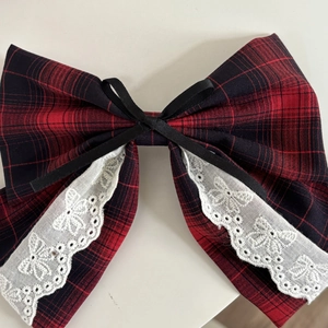 British red plaid bow hair scrunchie with white lace butterfly accents for women