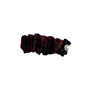 British style red plaid hair scrunchie with black silk bow and pearl decoration