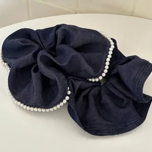 Vintage Denim Fabric Scrunchie With Faux Artificial Pearl Large Elastic Hair Tie Fashion Blue Hair Rope For Women Headwear Accessories