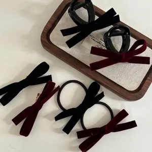 Elegant French velvet bow hair clips and scrunchies set in burgundy and black colors