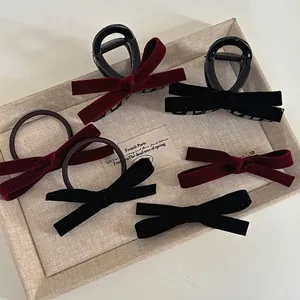 French Vintage Flocked Velvet Bow Hair Accessories For Women Burgundy Black Bowknot Hair Claw Clips Elastic Hair Ties Hairpin Headwear