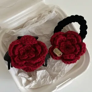 Pince à Cheveux Rose en Tricot Rouge et Ensemble de Chouchou Rose Fait à la Main pour Femme Accessoires de Cheveux