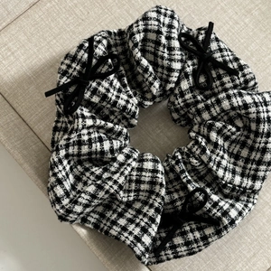 Classic black and white checkered oversized scrunchie with three small black bows