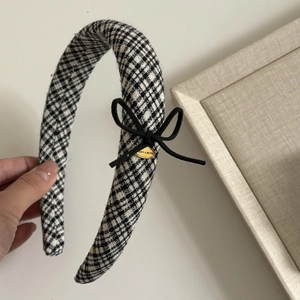 Thick checkered headband with black velvet bow and gold Make A Wish metal plaque
