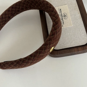 French style brown plaid wool padded headband with gold decorative button for women