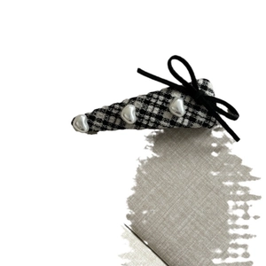 Plaid checkered hair clip with white pearl hearts and a black velvet bow accessory
