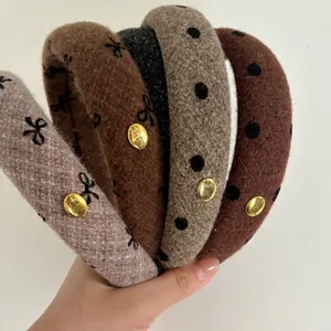 French Vintage Woolen Sponge Thickened Headband For Women Polka Dot Bowknot Hair Hoop Sweet High Crown Hair Accessories