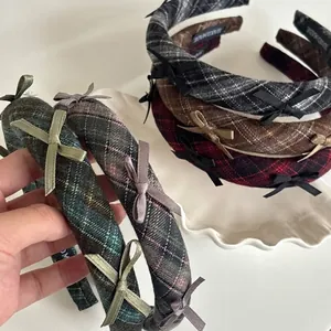 Preppy Style Plaid Fabric Headband With Ribbon Bows Vintage Padded Sponge Hair Hoop For Women Daily Hair Accessories
