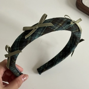Vintage plaid sponge headband with olive green satin bows in classic academic style