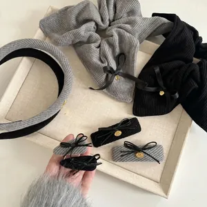 Elegant Knitted Ribbed Fabric Hair Accessory Collection Grey Black Striped Bow Decor Hair Clip Scrunchie For Women
