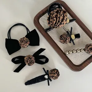 Vintage leopard rose hair claw set with velvet bows and pearl headband for women