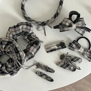 9-piece British grey gingham hair accessory set with bows, ribbons and scrunchies