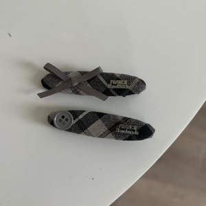 British style grey plaid hair clips with handmade bow and button detail set