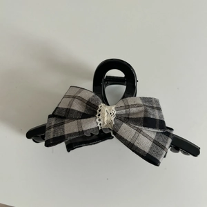 British style grey plaid bow hair claw clip with lace detail and black plastic base