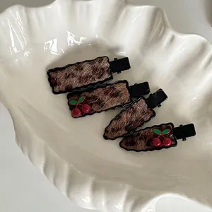 Vintage Leopard Print Plush Cherry Duckbill Hair Clips Cute Faux Fur Hair Pins Accessories For Women Girls Hairclips