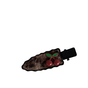 Cute plush leopard print cherry hair clip for women with realistic 3D red cherries