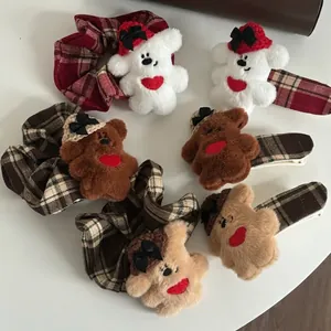 Barrettes et chouchous en peluche ours dessin animé en tissu à carreaux rouge