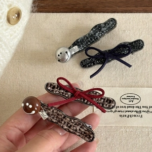 Set di Fermagli per Capelli in Tweed Leopardato Retrò a Forma di Onda con Faccina Sorridente e Fiocco Accessori per Capelli Donna