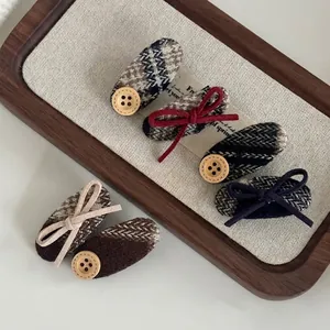 Preppy British Style Checkered Fabric Bow Button Hair Clips For Women Tweed Heart Resin Rhinestone Duckbill Clip Hair Accessories