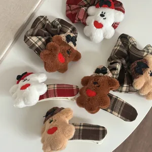 Fait à la Main Mignon Ours en Peluche Pince à Cheveux Carreaux Choucou Automne Hiver Doux Accessoires Cheveux Femme Fille