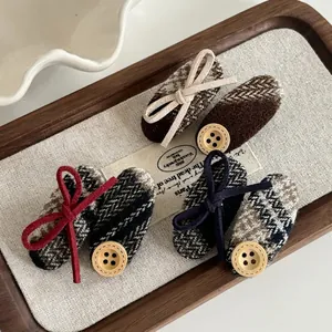 Five-piece British style bow hair clips with buttons and autumn winter plaid patterns