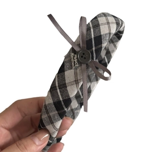 British plaid grey headband with ribbon bow and button detail for women