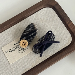 British style checkered tweed hair clips with wooden button and bow accents set