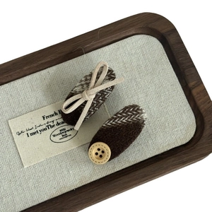 British style hair clip set with brown plaid pattern and wooden button detail