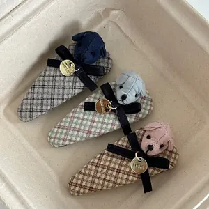 Vintage Plaid Fabric Hair Clip For Women Cute Plush Dog Bowknot BB Clip Sweet Ribbon Bow Hairpin Fashion Daily Hair Accessories