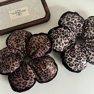 Leopard Print Satin Flower Scrunchie Elegant Lace Trim Large Floral Hair Tie For Women Trendy Korean Hair Accessories