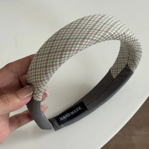 Plaid checkered padded headband with handmade label in green and red vintage style