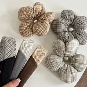 Vintage Plaid Fabric Hair Accessories Set Women Large Flower Scrunchie With Faux Artificial Pearl Wide Padded Headband Headwear