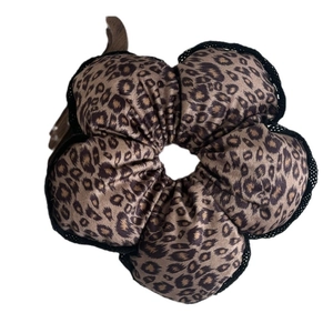 Leopard print floral hair scrunchie with black lace trim and stylish sponge padding