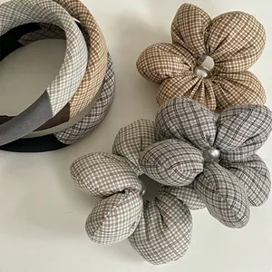 Vintage plaid headband and scrunchie set with pearl accents for women hair styling