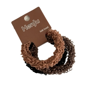 3-pack cream plush spiral hair scrunchies in brown and black on card display
