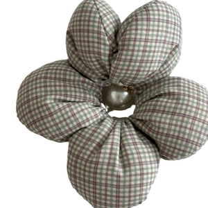 Vintage red and green plaid floral hair scrunchie with center pearl for women