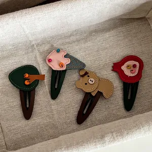 Cute Leather Cartoon Animal Hair Clips For Kids Girls Handmade Ice Cream Bear Tree Fruit Shaped BB Clips Hair Accessories