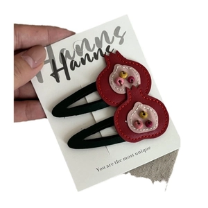 Cute red leather pomegranate hair clips set for girls with colorful bead details