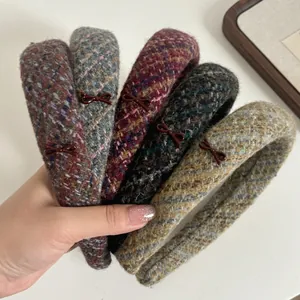 Retro Tweed Fabric Thickened Sponge Headband With Bowknot Vintage Striped Woolen Hair Band For Women Autumn Winter Headwear