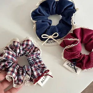 Vintage Plaid Bow Hair Scrunchies With Lace Edge Fashion Fabric Hair Ties For Women College Style Hair Accessories