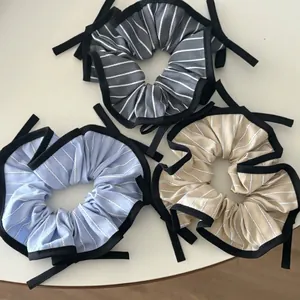 Women Striped Fabric Hair Scrunchie With Bow Low Ponytail Hair Rope Navy Blue White Design Fashion Hair Accessories